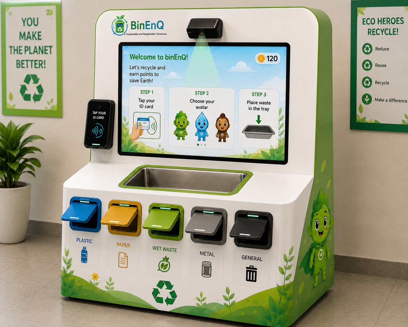 BinEnQ unit with camera, NFC card reader, information screen, waste presentation tray and five physical waste-category compartments